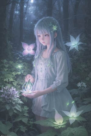 Ultra detailed illustration of a girl lost in a magical world full of wonders forest, (unique luminous flora never seen before:1.4), highly detailed, pastel colors,  digital art, art by Mschiffer, night, dark, bioluminescence,1girl