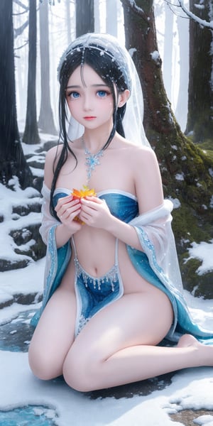 A beautiful veiled girl,  a magical ice with white skin and glowing blue crystalline , fantasy, snow, ice, digital art, a diminutive gently crying little wizard with tears as big as dew drops sitting in the rain on a leaf covered by moss, snowy forest background, tiny flowers, sparkling with frosty snow dew and snow drops, red orange and yellow colors through dappled sunlight,perfecteyes eyes, SFW, 


Xueer,hina