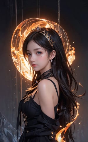 (masterpiece,  top quality,  best quality,  official art,  beautiful and aesthetic:1.5),  (medium shot:1.3), low angle, (1girl:1.4), princess dress, (topless:0.8), extreme detailed, (abstract,  fractal art), long hair, floating hair, highest detailed,  detailed face, big eyes, sad expression,  water, ice, fire,  lightning,  light_particles,  ,midjourney,fantasy00d