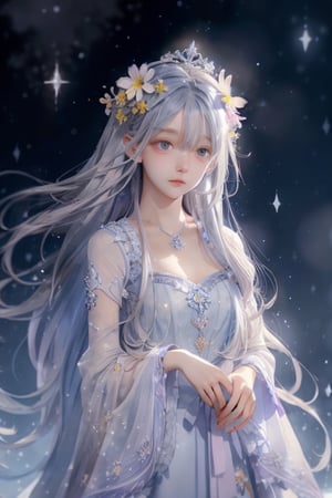 Watercolor painting, (Beautifully Aesthetic:1.2), (1girl:1.3), (long colorful hair, Half blue and half grey hair:1.2), water, liquid, natta, colorful, little Purple and yellow anemone flowers bloom around, Anemone blooming on the head, beautiful night, Starry sky, It's raining, Fantastic night out, snow white princess, 
,1 girl,