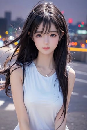 Best quality, masterpiece, ultra high res, (photorealistic:1.37), (medium full shot:1.3), raw photo, a young girl, 17 year old, long hair flowing by the wind, bangs, detailed eyes and face, perfect anatomy. dynamic lighting, in the dark, deep shadow, low key, cinematic image, bright city, floting city on the background. undershirt, 
