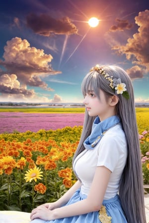 (masterpiece,  best quality),  (8k wallpaper),  (detailed illustration),  (super fine illustration),  (vibrant colors),  (professional lighting),  (sliver long wafy hair), (medium breast:1.3),  (shy:1.3),  The temples on both sides are decorated with blue ribbons,  (Double golden halo on her head),   red scarf,  cute dress,  long skirt,  hair ornament,  embarrassed,  natural eyes (grey eyes:1.3),  (clean sky:1.3) , (more flowers in air :1.3) , ( high sun:1.3),  (great view:1.3),  background ( clouds:1.3),  the girl sitting on one cloud, 
