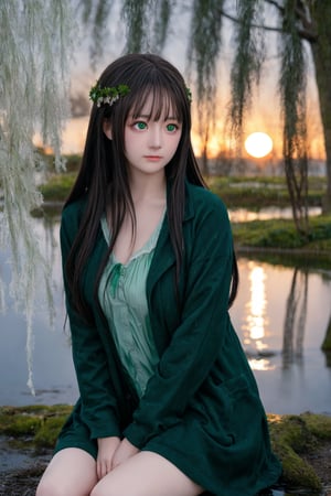 A young woman with long, dark hair sits alone under a weeping willow during a torrential downpour. Her pale face, her emerald green eyes downcast, and her hands clasped tightly around her knees convey deep sorrow. The setting sun casts a warm glow on her sorrowful face, contrasting with the dark, wet landscape. An atmosphere of solitude and despair pervades.,una, Sitting curled up