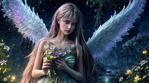 Ultra detailed illustration of an angel lost in a magical world full of wonders, unique luminous flora never seen before, highly detailed, pastel colors,  digital art, art by Mschiffer, night, dark, bioluminescence