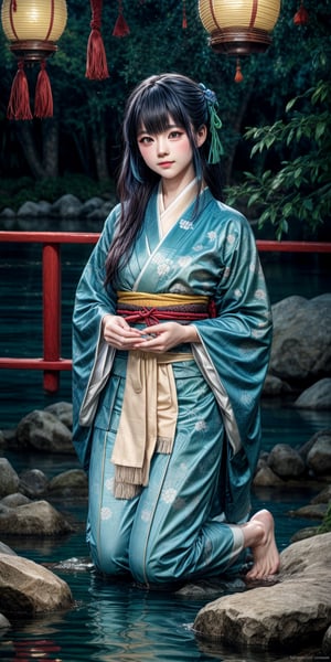 A serene moment unfolds: a young woman in traditional kimono kneels on a tranquil riverbank, her hands releasing a Toro nagashi into the gentle current as warm sunlight softly illuminates her contemplative face amidst Japanese-inspired patterns. Watercolor brushstrokes blend soft hues of blue and green as vibrant lanterns drift lazily across the water's surface, their soft glow casting a peaceful ambiance.