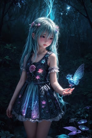 Ultra detailed illustration of a young fairy lost in a magical world of wonders, glowy, bioluminescent flora, incredibly detailed, pastel colors, handpainted strokes, visible strokes, digital art, art by Mschiffer, night, dark,  (blue and red bioluminescence:1) 