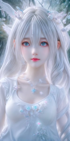 medium full shot, details face, white skin, white hair, white, Ultra detailed illustration of an angel lost in a magical world full of wonders, ((unique luminous forest)), highly detailed, pastel colors,  digital art, art by Mschiffer, night, dark, bioluminescence,Holy light