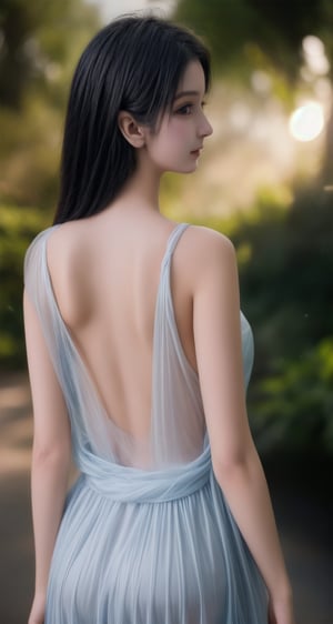 A lone figure emerges from the sunlight, a 18-year-old enigmatic beauty with raven-black locks cascading down her back. She wears a see-through casual dress that shimmers like moonlight, its translucent material revealing hints of her lithe physique. As she promenades along the sun-kissed path, cinematic lighting casts a warm glow, soft focus blurring the edges to create an airy, dreamlike quality. The camera's excessive overexposure renders her body almost ethereal, as if bathed in a soft, luminescent haze, inviting the viewer to step into her mystique.