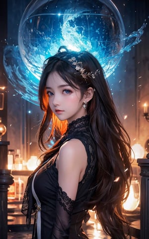 (masterpiece,  top quality,  best quality,  official art,  beautiful and aesthetic:1.5),  (medium shot:1.3), low angle, (1girl:1.4), princess dress, (topless:0.8), extreme detailed, (abstract,  fractal art), long hair, floating hair, highest detailed,  detailed face, big eyes, sad expression,  water, ice, fire,  lightning,  light_particles,  ,midjourney,fantasy00d