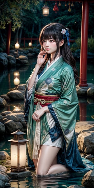 A tranquil scene unfolds: a young woman in traditional kimono kneels on a serene riverbank, hands releasing a Toro nagashi into the gentle current as warm sunlight softly illuminates her contemplative face amidst Japanese-inspired patterns. Composition: the subject's figure is centered, with the river and lanterns radiating outward from her. Watercolor brushstrokes blend soft hues of blue and green, reflecting the serene atmosphere. Warm light casts a peaceful ambiance, as vibrant lanterns drift lazily across the water's surface, their soft glow adding to the tranquil scene.