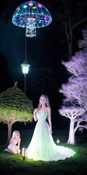 Ultra detailed illustration, a beautiful elf in the magical world full of unique luminous flora, pastel colors, full body shot, anime body, small breast, shoulder, arm,  digital art, night, dark,  (darkness background:1.1), 1girl, a young girl 17 years old, tiny, long legs, white skin, pale skin, (long hair, white hair:1.127), (big eyes:1.2), innocent face,  take rest at place with a lot of bioluminescence  mushrooms, fairy mushrooms, fairy trees, meadow, field, lanterns, candles, light, lake, water, raindrops, waterstream, soap bubbles, huge mushrooms, houses, huts, fantasy fairy girls, people, humans, lampposts, lamp posts, water fountain, fairyland portal, portal to fairyland, huge mushrooms, bioluminescence meadow, high contrass, low shadow, high hill shoes, long legs, ,