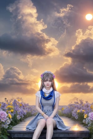 (masterpiece,  best quality),  (8k wallpaper),  (detailed illustration),  (super fine illustration),  (vibrant colors),  (professional lighting),  (sliver long wafy hair), (medium breast:1.3),  (shy:1.3),  The temples on both sides are decorated with blue ribbons,  (Double golden halo on her head),   red scarf,  cute dress,  long skirt,  hair ornament,  embarrassed,  natural eyes (grey eyes:1.3),  (clean sky:1.3) , (more flowers in air :1.3) , ( high sun:1.3),  (great view:1.3),  background ( clouds:1.3),  the girl sitting on one cloud, 
