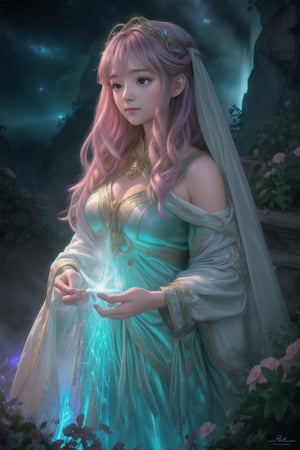 A whimsical tableau emerges as a girl with cascading tresses, like a waterfall's misty veil, commands the frame, enveloped by delicate filigree patterns radiating iridescent lights. Rim lighting casts a warm glow on her cherubic visage, while volumetric lighting adds depth to this ethereal fantasy realm. Rich hues and sharp focus bring the subject to vivid life, evoking Dan Mumford's and Marc Simonetti's fantastical masterworks. Astrophotography-inspired stars sparkle in the background, infusing magic into this breathtaking piece of artgerm-inspired digital art.