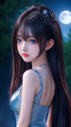 (masterpiece, best quality,4k resolution),
(Mysterious close-shot of a nixie from side), 
her glistening scales reflecting moonlight,
deep blue eyes filled with secrets of the deep galaxy,
water droplets on her skin shimmering like diamonds,
she looks back at the camera,1 girl