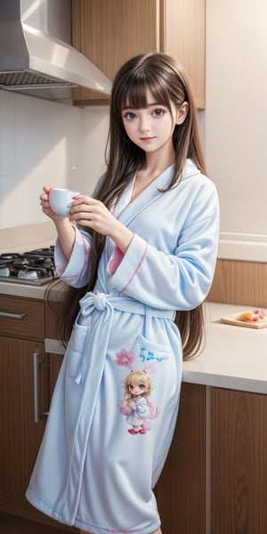 a girl in a bathrobe pouring tea into a cup, an airbrush painting, by Orshi Drozdik, cute cartoon character, pinterest render, ruan cute vtuber, in a kitchen, she has messy hair, cute detailed artwork, surburb woman, perfect coloring, wearing pajamas. Details. Ultra realistic. UHD 128k