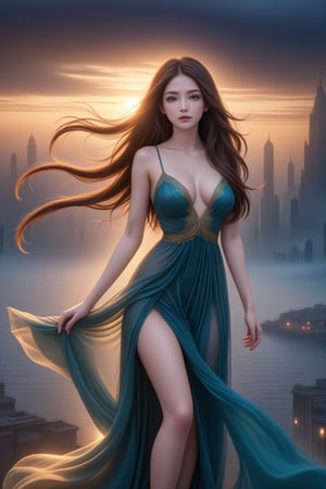 (8k, best quality, masterpiece:1.2),(best quality:1.0), (ultra highres:1.0), hyper realistic image of a stunning woman with long hair, a beautiful goddess, ((extremely luminous bright design)), autumn lights, (((long hair, floating hair by the wind))), floating city at horizon, smog, fog, (((wearing a sheer, long dress))), ((medium shot, upper body, portrait)), medium breast, ,more detail XL,style,<lora:659095807385103906:1.0>