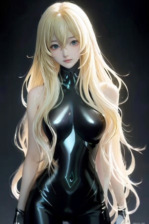 full shot of body,  a beautiful final fantasy style girl, (long wavy blonde hair), pale skin, fair skin,  clean detailed faces, black suit, GANTZ suit, analogous colors, glowing shadows, beautiful gradient, depth of field, clean image, high quality, high detail, high definition, Luminous Studio graphics engine, amazing pose, 