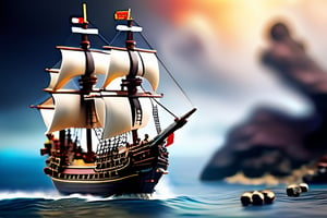 Miniature sea and pirate ship fights against a royal warship, (((cannon fire, puffs of gunpowder smoke))), tilt-shift photo, creative photography posters, miniature photography, beautiful lighting, emphasis lighting, global lighting surreal, ultra - detailed, 8k, simple composition, 8k, wallpaper, cinematic, commercial ad campaign --raw

