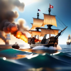 Miniature sea and pirate ship fights against a royal warship, cannon fire, puffs of gunpowder smoke, tilt-shift photo, creative photography posters, miniature photography, beautiful lighting, emphasis lighting, global lighting surreal, ultra - detailed, 8k, simple composition, 8k, wallpaper, cinematic, commercial ad campaign --raw

