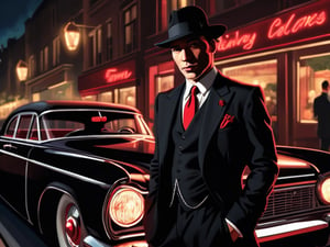 Gangster in black suit with fedora with tommy gan in hand red carnation in pocket, expensive 30's car, expensive restaurant in background, dramatic lighting, Graphic Novel style