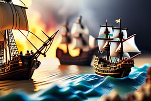 Miniature sea and pirate ship fights against a royal warship, cannon fire, puffs of gunpowder smoke, tilt-shift photo, creative photography posters, miniature photography, beautiful lighting, emphasis lighting, global lighting surreal, ultra - detailed, 8k, simple composition, 8k, wallpaper, cinematic, commercial ad campaign --raw

