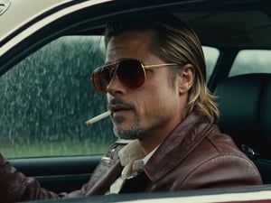 A cinematic side view close-up of a man resembling Brad Pitt, but not identical, sitting in a car's front seat. He wears expensive aviator glasses with thick gold rims and dark crimson tinted lenses, has blond hair combed back, and sports a Spanish beard. He's dressed in a light brown leather jacket with a white shirt collar visible. His expression is ironic. The scene captures him smoking, with puffs of cigarette smoke billowing out of the half-open car window. Reflected in the window is a rainy sky with swirling clouds. The lighting is dramatic and intense, highlighting the moody atmosphere of the scene.