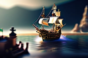 Miniature sea and pirate ship fights against a royal warship, cannon fire, puffs of gunpowder smoke, tilt-shift photo, creative photography posters, miniature photography, beautiful lighting, emphasis lighting, global lighting surreal, ultra - detailed, 8k, simple composition, 8k, wallpaper, cinematic, commercial ad campaign --raw

