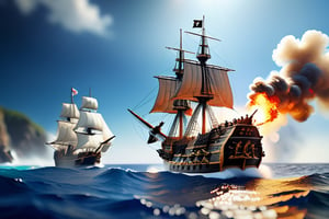 Miniature sea and pirate ship fights against a royal warship, (((cannon fire, puffs of gunpowder smoke))), tilt-shift photo, creative photography posters, miniature photography, beautiful lighting, emphasis lighting, global lighting surreal, ultra - detailed, 8k, simple composition, 8k, wallpaper, cinematic, commercial ad campaign --raw

