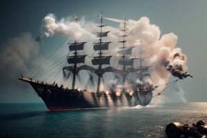 Miniature sea and pirate ship fights against a royal warship, (((cannon fire, puffs of gunpowder smoke))), tilt-shift photo, creative photography posters, miniature photography, beautiful lighting, emphasis lighting, global lighting surreal, ultra - detailed, 8k, simple composition, 8k, wallpaper, cinematic, commercial ad campaign --raw

