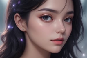 (masterpiece,top quality,best quality,official art,android,aesthetic,flactal art,crystal,depth of field,translucent,realistic, close up,blackhair,longhair,flare,<lora:659095807385103906:1.0>