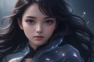 (masterpiece,top quality,best quality,official art,dreamwave,android,aesthetic,girl,flactal art,crystal,depth of field,translucent,realistic, close up,blackhair,<lora:659095807385103906:1.0>