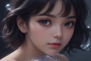 (masterpiece,top quality,best quality,official art,dreamwave,android,aesthetic,girl,flactal art,crystal,depth of field,translucent,realistic, close up,blackhair,<lora:659095807385103906:1.0>