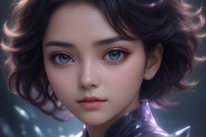 (masterpiece,top quality,best quality,official art,dreamwave,android,aesthetic,girl,flactal art,crystal,depth of field,translucent,realistic, close up,blackhair,flare,<lora:659095807385103906:1.0>