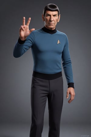 ((Leonard Nimoy as Mister Spock of Star trek, )) ((full body view.)) ((inside the Enterprise with its peace and prosperity hand sign)), (Masterpiece, Best Quality), (finely detailed eyes), (finely detailed eyes and detailed face), (extremely detailed CG, Ultra detailed, Best shadow), Beautiful conceptual illustration, (illustration), (extremely fine and detailed), (Perfect details), (Depth of field),<lora:659095807385103906:1.0>