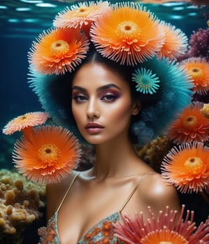  A close portrait of the beautiful underwater Actinia Sea Anemones flowers goddess, fashion editorial, Ethereal colorful art deco style, exquisite details, futuristic, High - sharpness, ultra - detailed photography, Remedios Varo, Andrey Reemnev style, dramatic lighting, 8k


