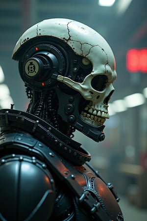 Cyberpunk, sci-fi, dark-fantasy, kodak portrait 400, 8k, soft light, volumetric lighting, highly detailed, britt marling style 3/4, portrait photo of a war man cyborg robot in a chemical laboratory + face, face is skullbone with scares, intricate, elegant, highly detailed, devil-armor, 2D motifs detailed dark fantasy digital painting, artstation, concept art, smooth, sharp focus, illustration, art by Otomo Katsuhiro and Shirō Masamune and Oshii Mamoru. Cosmic light in backfront