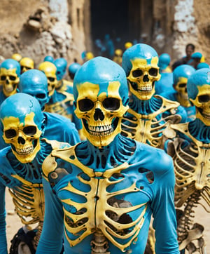 a group of people with blue and yellow paint on their faces, a portrait, by Dietmar Damerau, shutterstock, with a skeleton army, award winning horror photography, zombies in the streets, egypt, a full-color airbrushed, 40k