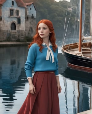 a little red haired girl with a blue sweater and a white sail boat, in the style of dark orange and light blue, antique influences, dark red and light blue, simon hollósy, light teal and sky-blue, dark blue and red, sky-blue and red, patricia polacco ,OHWX WOMAN