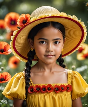 a little girl wearing a yellow dress and a big hat, inspired by Frida Kahlo, cg society contest winner, red poppies, avatar image, bees, image credit nat geo, portrait of a young pocahontas, ceremonial portrait, hawaii, 2020. 35mm photograph, film, bokeh, professional, 4k, highly detailed