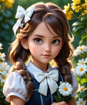  hyper realistic to a (first grader schoolgirl:1.3), (flowers in hands, white bows in hair:1.2), (school and many children in the background:1.3), put a lot of detail in the eyes, mouth and nose, looking at viewer, portrait, photography, detailed skin, realistic, photo-realistic, 8k, highly detailed, full length frame, High detail RAW color art, diffused soft lighting, shallow depth of field, sharp focus, hyperrealism, cinematic lighting, bokeh 