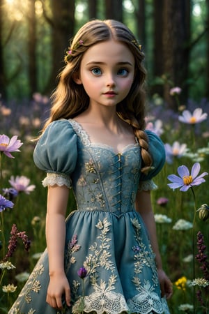 a young girl standing in a field of flowers, inspired by Alice Prin, cg society contest winner, renaissance, girl walking in dark forest, weta disney movie still photo, detailed lace dress, joey king, [[fantasy]], weta disney, UHD, best quality, highly detailed, cinematic,