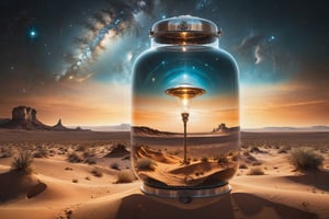 a picture of a space station in the middle of a desert, a surrealist painting, deviantart contest winner, surrealism, emerging from a lamp, spiritual abstract forms, refractions, fantasy photography, dreamscape in a jar, reflection on the oil, UHD, best quality, highly detailed, cinematic,
