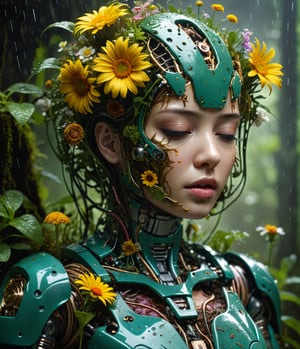 photo of a decayed female robot with the top half of her head cut off, no brain, instead filled with maggots, worms and plants and flowers, half of body is melted into the ground, eyes closed, wet with rain, masterpiece, high res, intricate, professional, photorealistic, dark forest background, Miki Asai Macro photography, close-up, hyper detailed, trending on artstation, sharp focus, studio photo, intricate details, highly detailed, by greg rutkowski