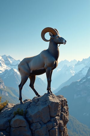 A serene alpine scene unfolds before us: a cerulean sky stretches across the horizon, while snow-dusted mountain peaks rise majestically into the distance. In the foreground, a regal ram stands proudly on a granite outcropping, its gleaming horns angled towards the heavens, embodying the unyielding spirit of Aries.