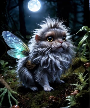 

Hyperrealistic art glen cook, detailed expressive eyes, fantasy style, the mystical Hairy nargletribble, shown here with its iridescent wings crunkeling in the moonlight, it often worbgobbles among bioluminescent mushrooms and fireflies in the shmuggling forest glades on planet nomturf vii. Extremely high-resolution details, photographic, realism pushed to extreme, fine texture, incredibly lifelike