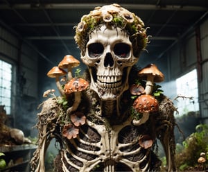  Close posing portrait of an infected anthropomorphic lifeform based on scary human skeleton, zombie with fungus and mushroom made of plants, strong studio lighting, abandoned garage 