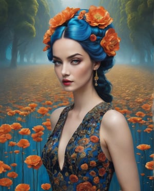 an orange and blue flower painting on a womans head, in the style of natalie shau, electric color schemes, zhang jingna, zena holloway, bold color blobs, high quality photo, red and azure, high quality photo, detailed face features, sharp eyes, soft skin, by Allan Ramsay, by Gustav Klimt, highly detailed, extremely detailed, high definition, award winning, ultra realistic, stunning, seraphic, luscious, splendid, appealing, excellent, amazing, polished, divine, breathtaking, dazzling, adorable, very cute, overwhelming, magnificent,OHWX WOMAN