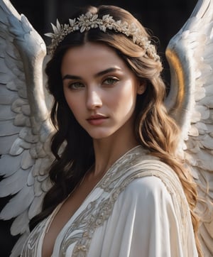 📷 A beautiful angel, captured in the style of a Renaissance masterpiece. The figure is serene and majestic, with wings that shimmer like the purest white silk, and eyes that radiate a gentle, comforting light. The medium is hyper-realistic photography, with a focus on soft, warm colors and delicate lighting that highlights the angel's ethereal beauty. The composition is shot with a 30-megapixel camera, using a sharp 85mm lens, with a long exposure time and a shutter speed of 1/125. The image is backlit, creating a halo-like glow around the angel, emphasizing the intricate details of its form. The overall effect is a powerful, award-winning photograph.,OHWX WOMAN
