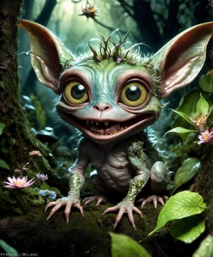 Hyperrealistic art allen williams, detailed expressive eyes, fantasy style, the irridescent Lipgremlin, a mischievous swamp dweller, covered in tranzicated leaves and most often accompanied by the tiny bioluminescent grumpy twinkgolem, it briscmeggles among gnarled trees and the enchanted flimjorgleflowers in the heart of the lush keneytoring lands of planet glamfurble. Extremely high-resolution details, photographic, realism pushed to extreme, fine texture, incredibly lifelike
