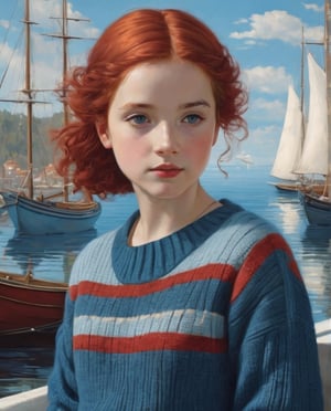 a little red haired girl with a blue sweater and a white sail boat, in the style of dark orange and light blue, antique influences, dark red and light blue, simon hollósy, light teal and sky-blue, dark blue and red, sky-blue and red, patricia polacco ,OHWX WOMAN